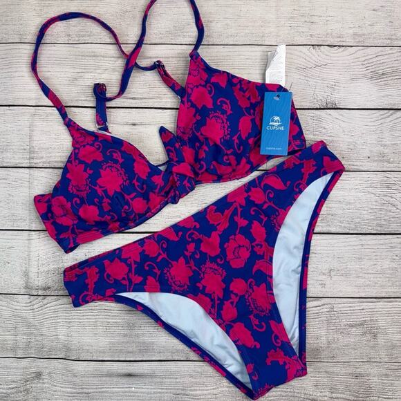 CUPSHE NWT Floral Print Two Piece Bikini Set with Knot Bunny Tie Blue Pink Large - Picture 7 of 11